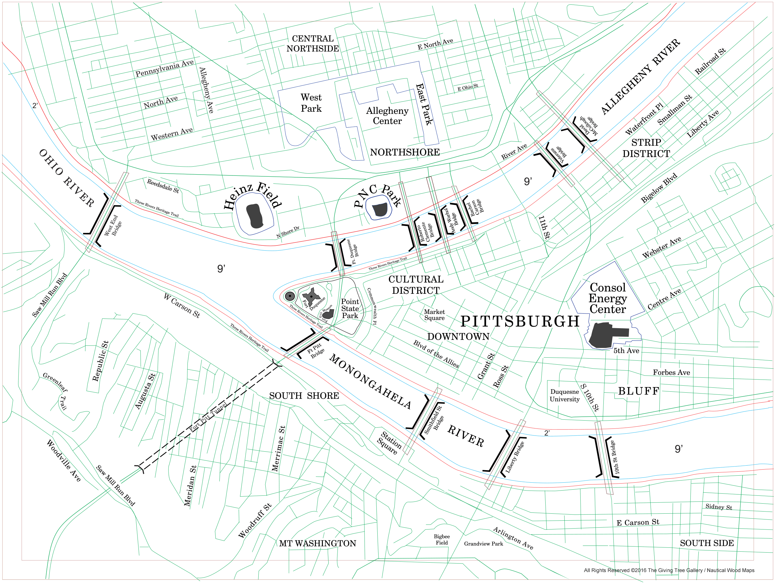 Three Rivers of Pittsburgh Wooden Map Art Topographic 3D Chart