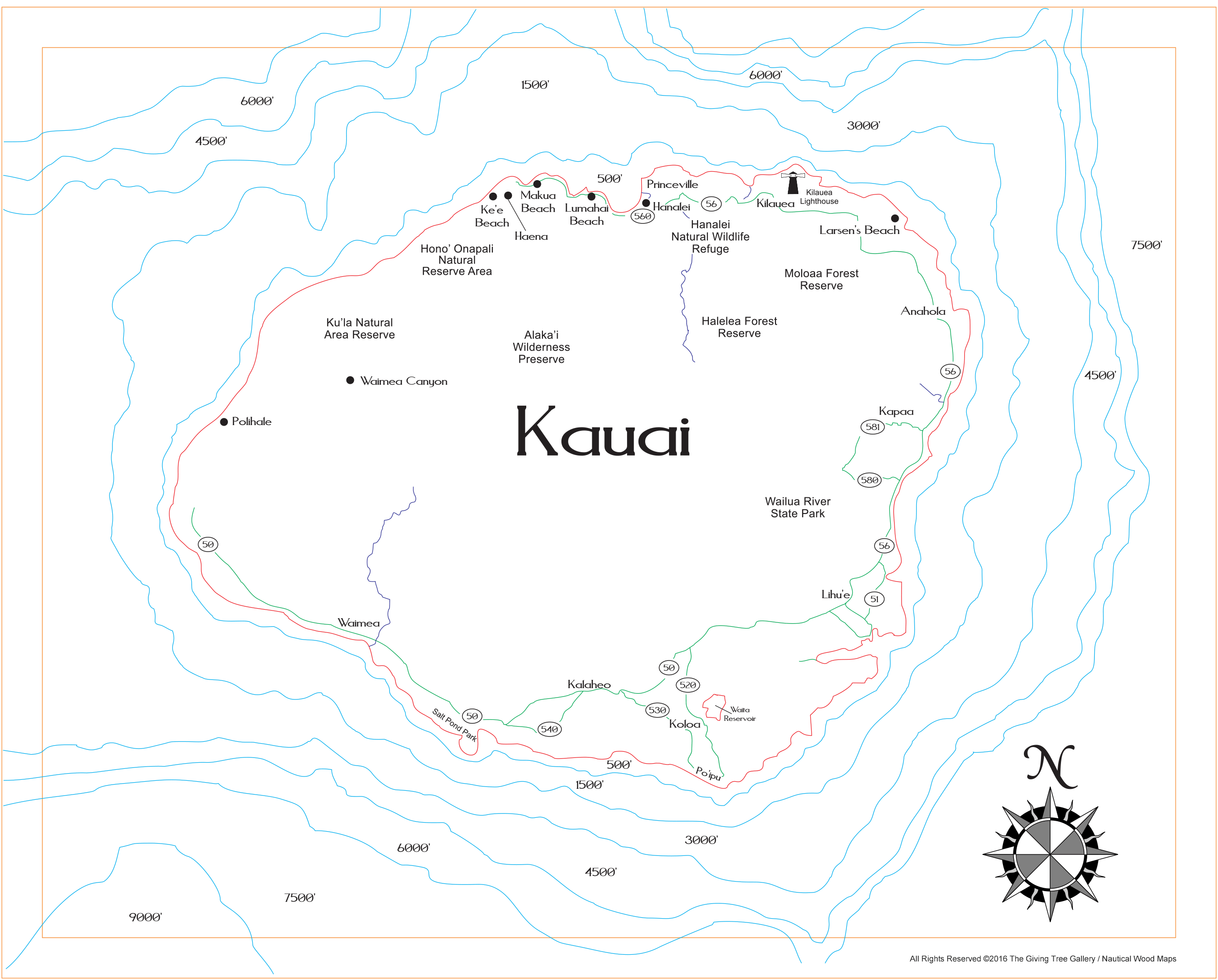 Kauai Island Wooden Map Art Topographic 3D Chart