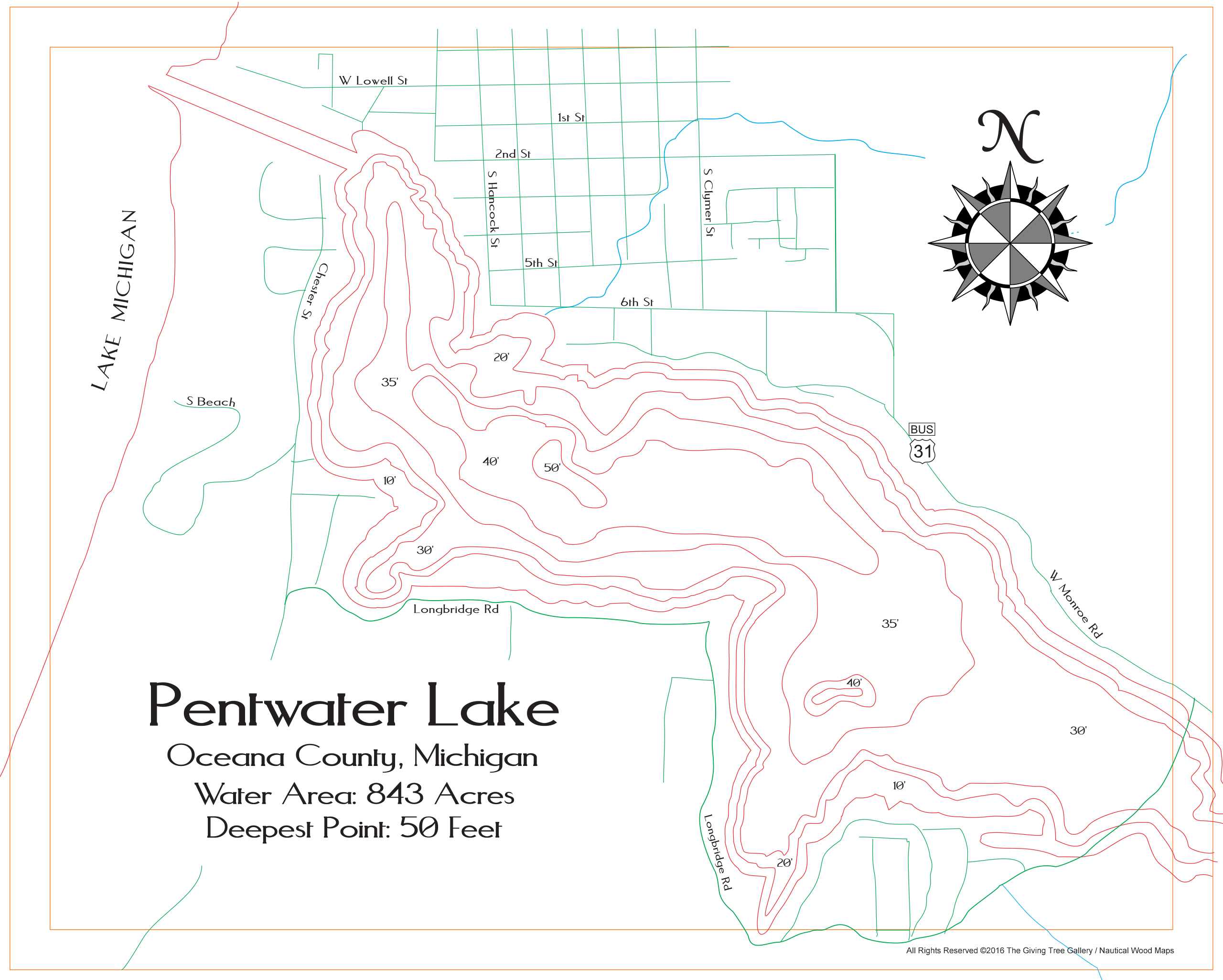 Pentwater Lake Wooden Map Art Topographic 3D Chart